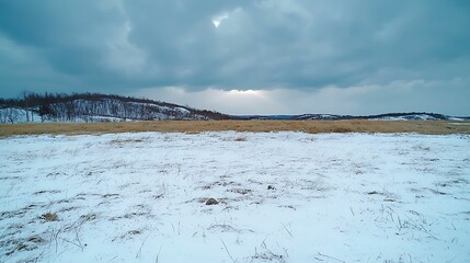 Wall Mural - A snowy landscape under cloudy skies, featuring a vast field and distant hills, creating a serene winter scene.