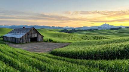 Wall Mural - a rustic barn amidst vibrant green fields under a colorful sunset, surrounded by distant mountains, 