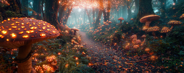 Poster - A mystical forest pathway illuminated by bioluminescent mushrooms and enchanting foliage.