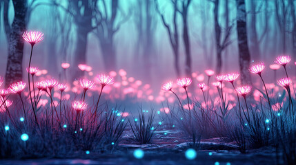 Poster - A mystical forest scene with glowing flowers and vibrant colors, inviting wonder.