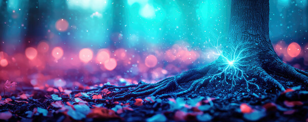 Poster - A mystical tree with glowing roots amidst vibrant, soft ground textures.