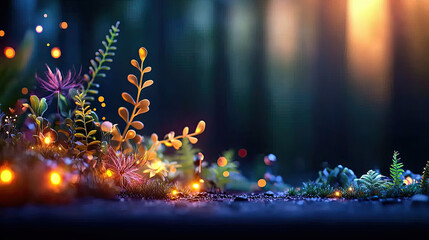 Aufkleber - A serene and vibrant forest scene with glowing plants and soft lighting.