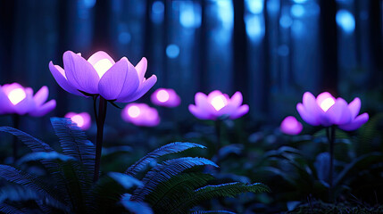 Poster - A serene forest filled with glowing purple lotus flowers amid lush greenery.