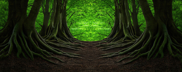 Aufkleber - A serene forest path surrounded by towering trees and lush greenery.