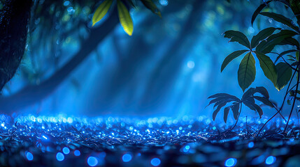 Poster - A serene forest scene illuminated by enchanting blue light, showcasing tranquility in nature.