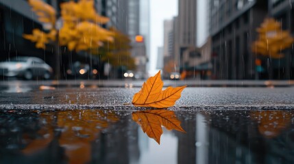 Poster - Orange leaf on wet pavement, reflecting buildings in the background.