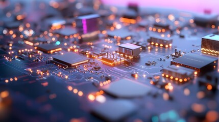 Poster - Close-up of illuminated circuit board with microchips and glowing pathways.