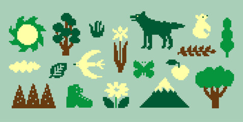Fototapete - pixel elements icon shape concept nature flower plants animal tree shoes butterfly cloud leaf sun apple cartoon forest wood game symbol square type icons retro style pixel art mobile digital