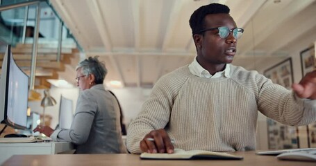 Poster - Business man, computer and writing on notebook for ideas, plan or creative research in startup. Employee, reading journal and working in office for blog, story or content writer on overtime at night