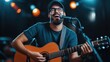 © khonkangrua - Smiling male artist performing live music on stage with acoustic guitar and microphone in vibrant atmosphere
