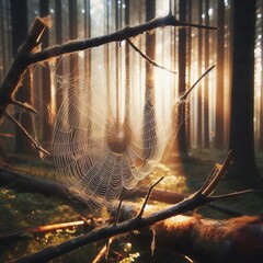 Wall Mural - 141 Spider Web Between Two Branches A spider web stretched betwe