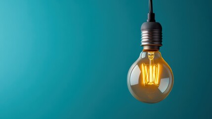 Wall Mural - Vintage Light Bulb with Warm Glow Hanging Against a Teal Background Illuminating a Minimalist Space