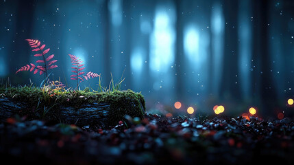 Poster - A serene forest scene with glowing lights, vibrant ferns, and misty ambiance.