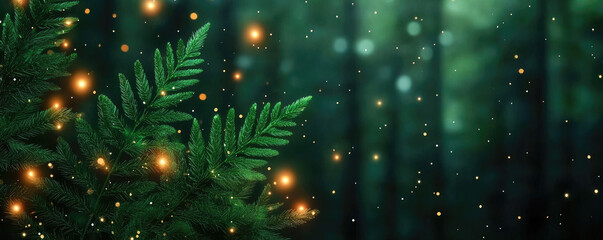 Aufkleber - A serene forest scene with glowing lights and lush green leaves, evoking tranquility.