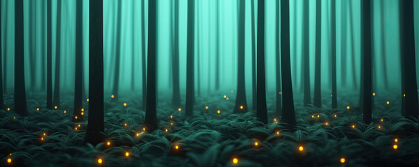 Poster - A serene forest with glowing lights, creating a mystical atmosphere under tall trees.