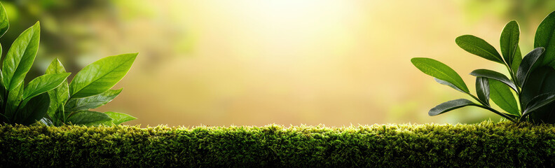 Poster - A serene greenery background featuring lush leaves and soft sunlight.