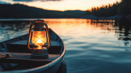 Wall Mural - A lantern is lit on a boat in the water