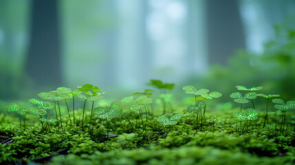 Poster - A serene view of lush green plants thriving in a misty forest environment.