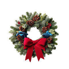 Wall Mural - Festive Christmas wreath adorned with pinecones, red berries, and large red bow, perfect for holiday decoration isolated on transparent background