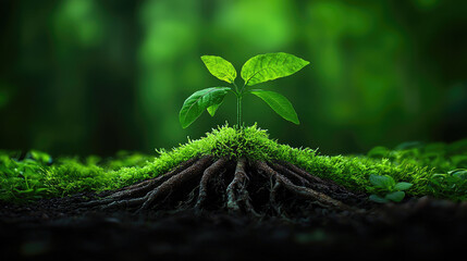 Poster - A vibrant green seedling emerging from rich soil in a lush forest setting.
