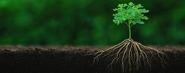 Poster - A vibrant green tree with roots exposed, symbolizing growth and vitality in nature.