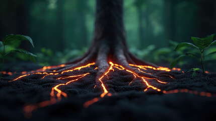Aufkleber - A vibrant tree root system glowing with lava amidst lush greenery in a mystical forest.