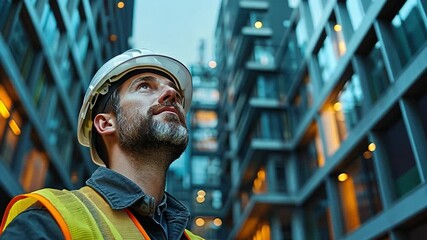 Poster - construction worker observing project progress at dusk in urban environment with bright lights