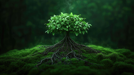 Poster - A vibrant tree with lush leaves thriving amidst soft green moss.