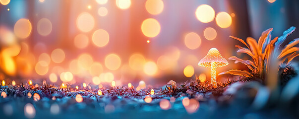 Aufkleber - A whimsical forest scene with glowing mushrooms and vibrant flora, radiating enchantment.