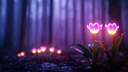 Poster - Beautiful glowing flowers emerge from the dark forest, creating a magical atmosphere.