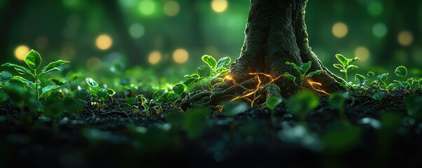 Aufkleber - Close-up of a tree root surrounded by green plants in a mystical forest environment.