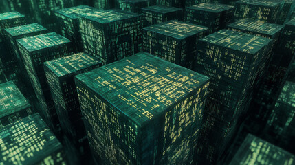 Big data. Data block. Cube with binary code. Abstract technical background. Binary code. Hacker attack. Computer code. Digital technologies. Blockchain network, data flow. 3D rendering.