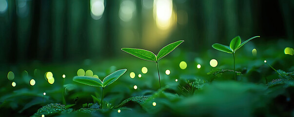 Poster - Close-up of vibrant green seedlings emerging in a lush forest with soft, glowing lights.