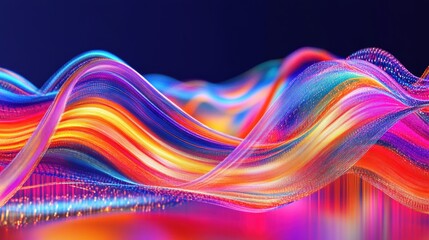 Poster - Dynamic abstract image of flowing, multicolored waves in bright neon hues against a dark gradient background.