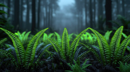 Poster - Dew-kissed ferns against a mystical forest backdrop, evoking serene natural beauty.