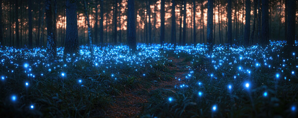 Poster - Enchanted forest filled with glowing blue flowers at twilight, creating a magical atmosphere.