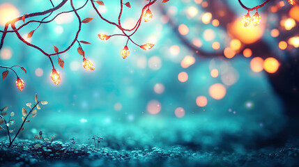 Poster - Enchanting bokeh lights illuminate leaves in a dreamy, tranquil forest setting.