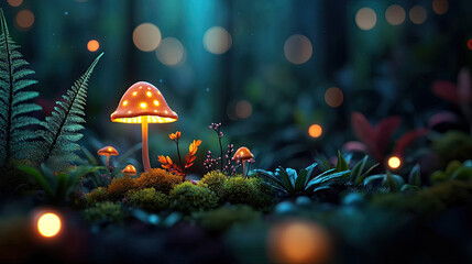 Aufkleber - Enchanting forest scene featuring glowing mushrooms surrounded by vibrant greenery.