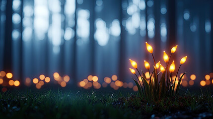 Poster - Glowing flowers in a misty forest create a magical and enchanting atmosphere.