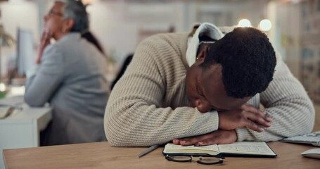 Poster - Business, man and tired with sleeping at desk from burnout, night trading and break from stock market analysis. Professional, trader and low energy in office with fatigue, overworked and exhausted