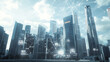 © Sahraya - Singapore city skyscraper downtown panoramic view. Digital interface with line connection with cubes in the foreground. Concept of trading in modern megapolis