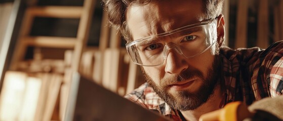 Wall Mural - A close-up shot of a carpenter in safety glasses and gloves, holding a saw and looking directly at the camera, with woodwork in the background