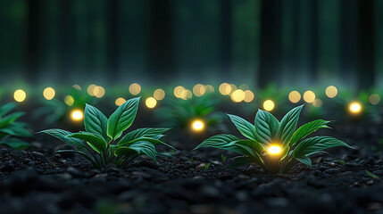 Aufkleber - Luminous green plants glow softly in a mystical forest setting at dusk.