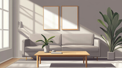 Wall Mural - Minimalist living room with a muted gray sofa, a light wood coffee table, and a potted plant adding a touch of green