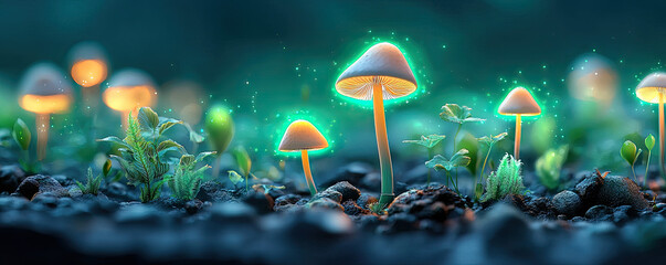 Poster - Luminous mushrooms glowing amid lush greenery in an enchanting forest scene.