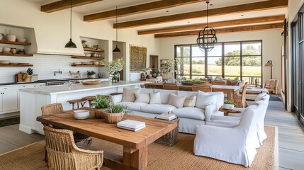 Modern Farmhouse Living Room with Kitchen and Dining Area