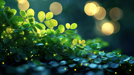 Poster - Lush green foliage illuminated by soft bokeh lights at night.