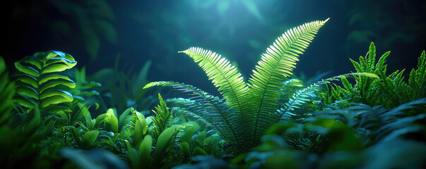 Poster - Lush green foliage illuminated by soft light, creating a serene jungle atmosphere.