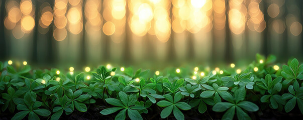 Poster - Lush green foliage illuminated by soft sunlight creating a serene woodland atmosphere.