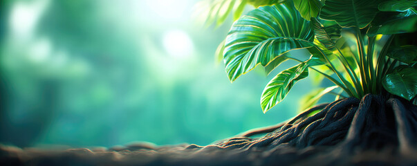 Poster - Lush green leaves with exposed roots in a tranquil forest setting.